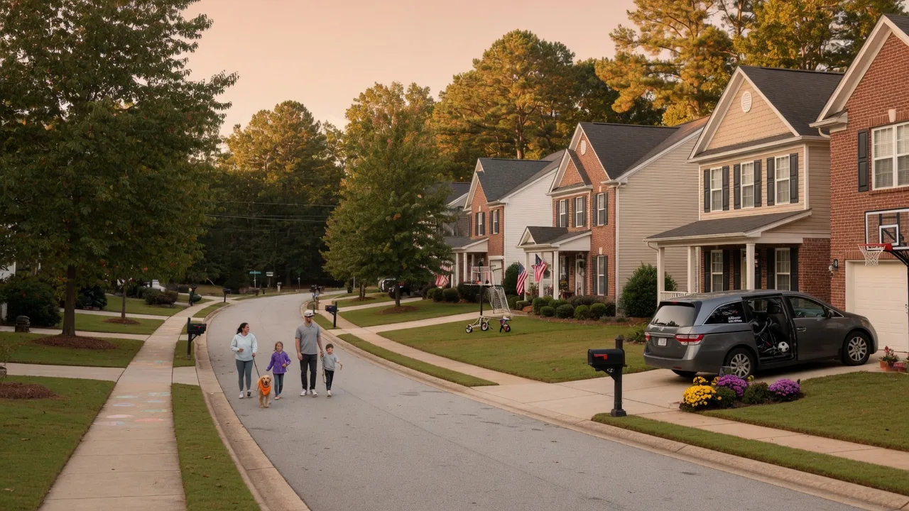 Family walking in Cobb County neighborhood, suburban homes and green spaces.