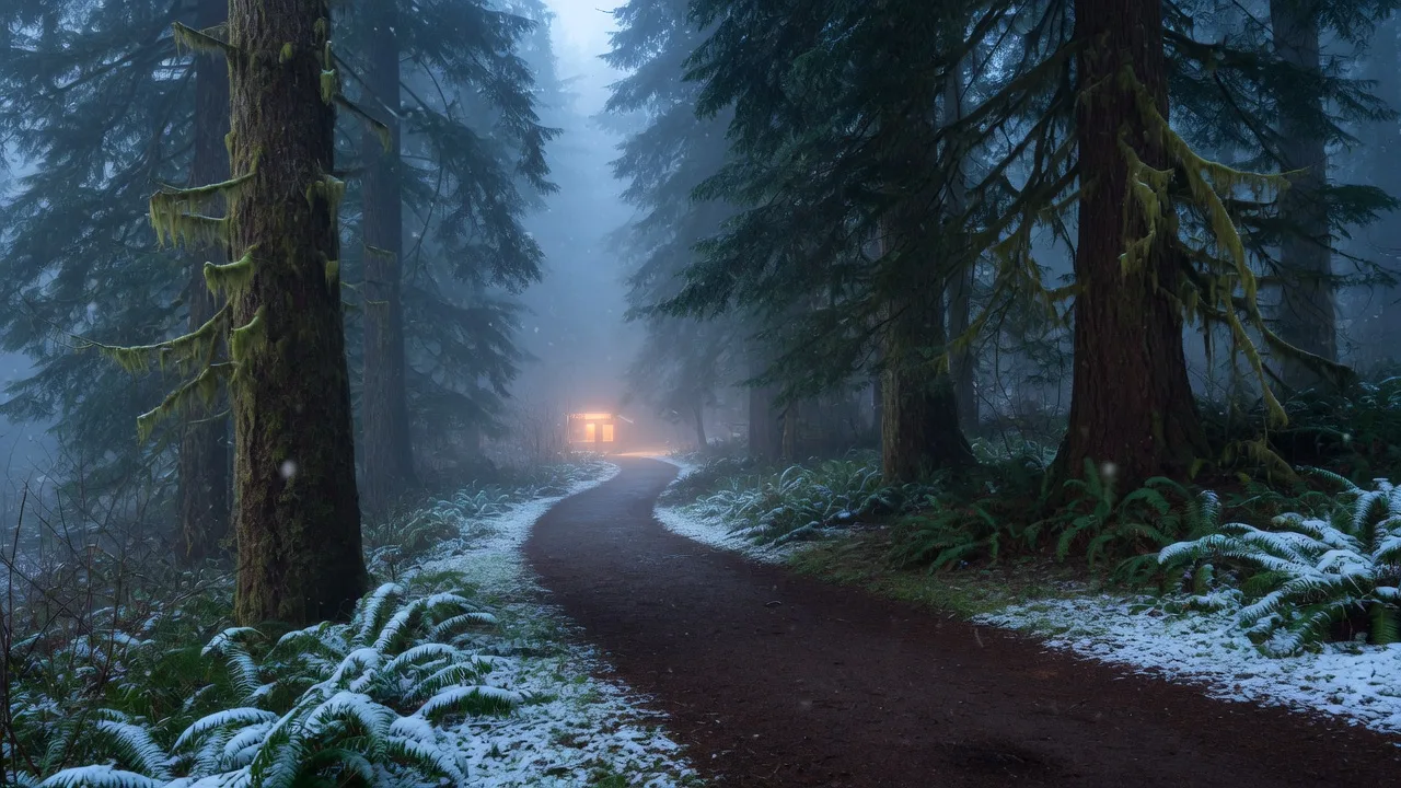 Misty winter forest path near SW Portland with snow-dusted ferns beneath tall Douglas firs