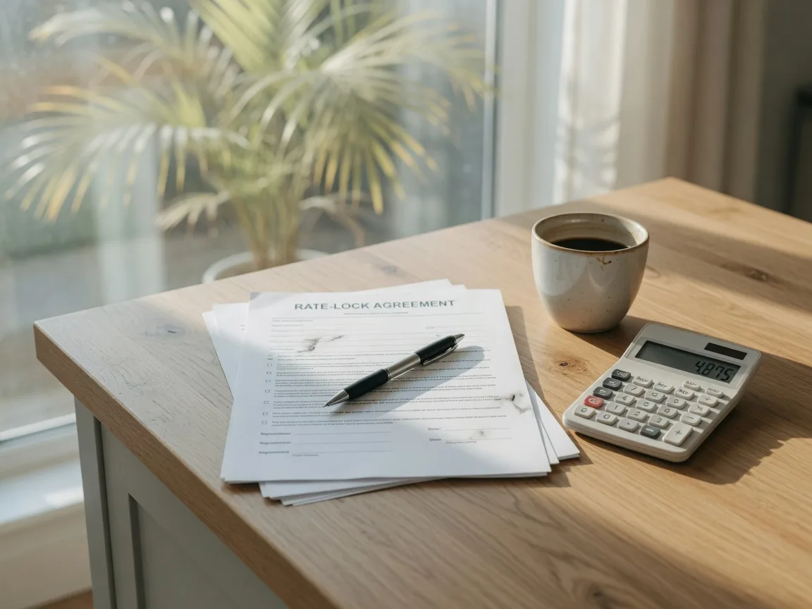Rate lock agreement with pen, calculator, and coffee on a kitchen island in soft morning light