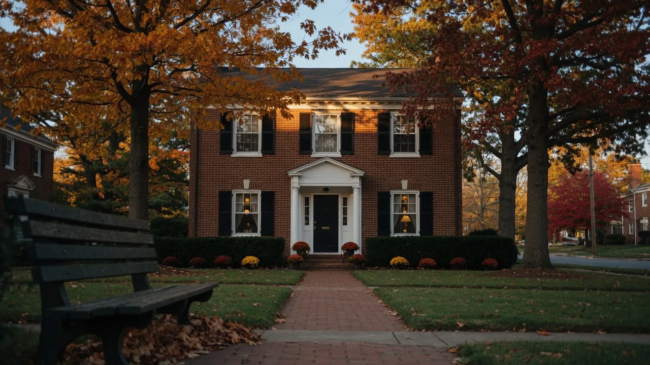 A Maryland brick colonial home on a tree-lined residential street on a golden autumn afternoon, representing the type of family property that can be passed to beneficiaries through a Transfer-on-Death deed