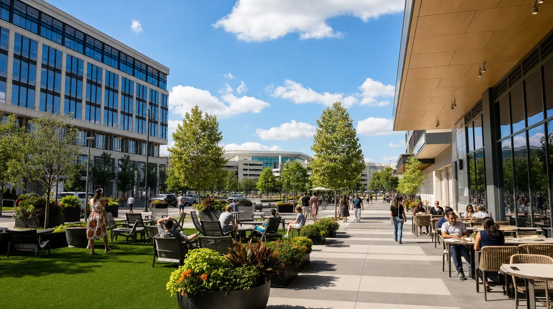 King of Prussia Town Center with modern architecture and shoppers on a bright clear day