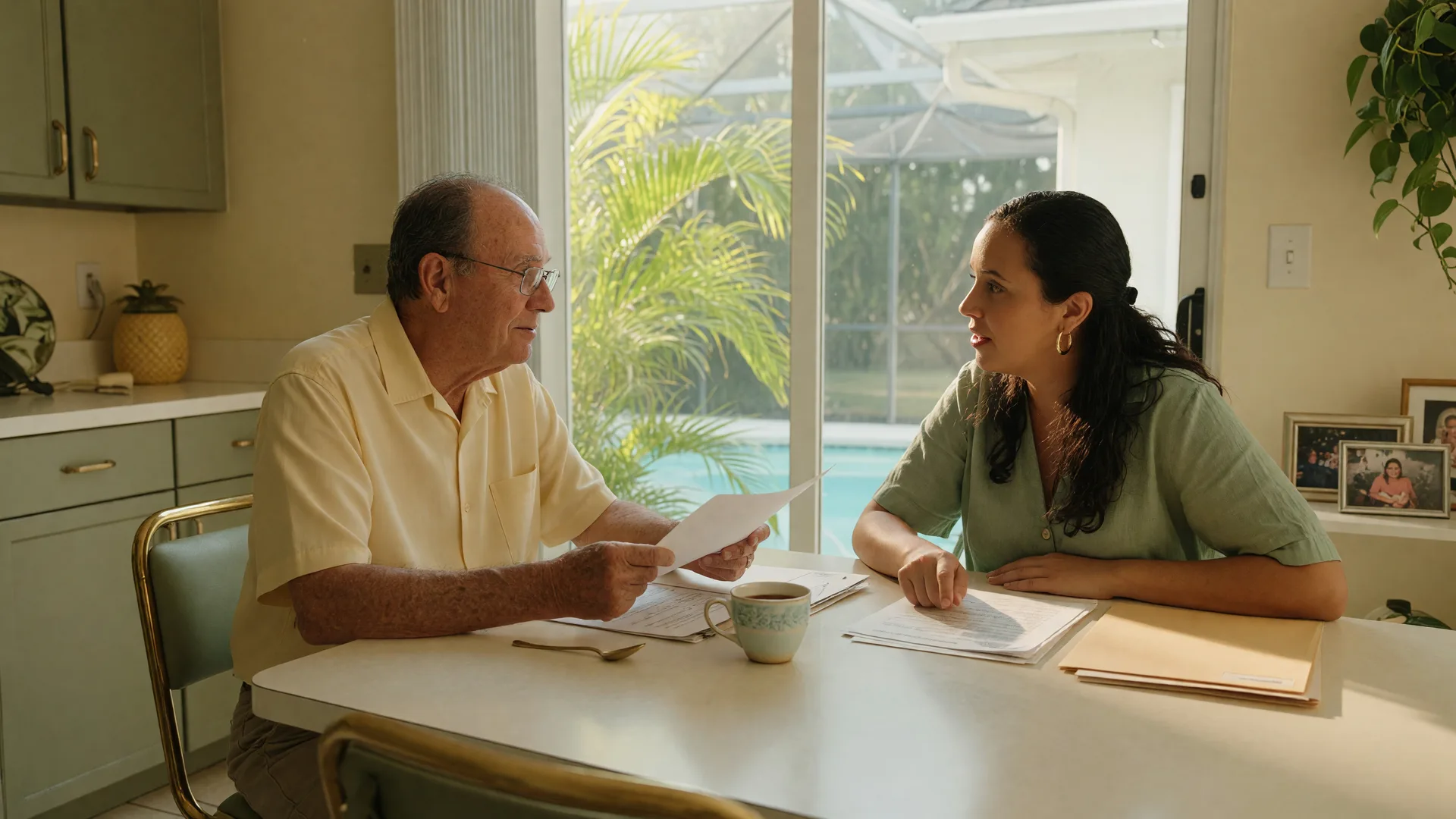 An adult daughter and her aging father reviewing papers together at a sunlit Florida kitchen table.