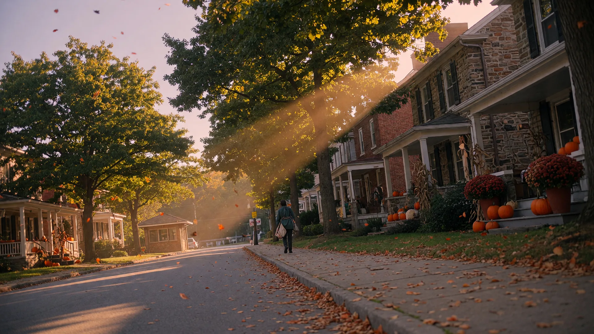 A tree-lined residential street in Rydal PA in early October with golden-hour light across historic stone and brick homes under mature oaks beginning to turn, pumpkins and mums on porches, and leaves drifting down the block