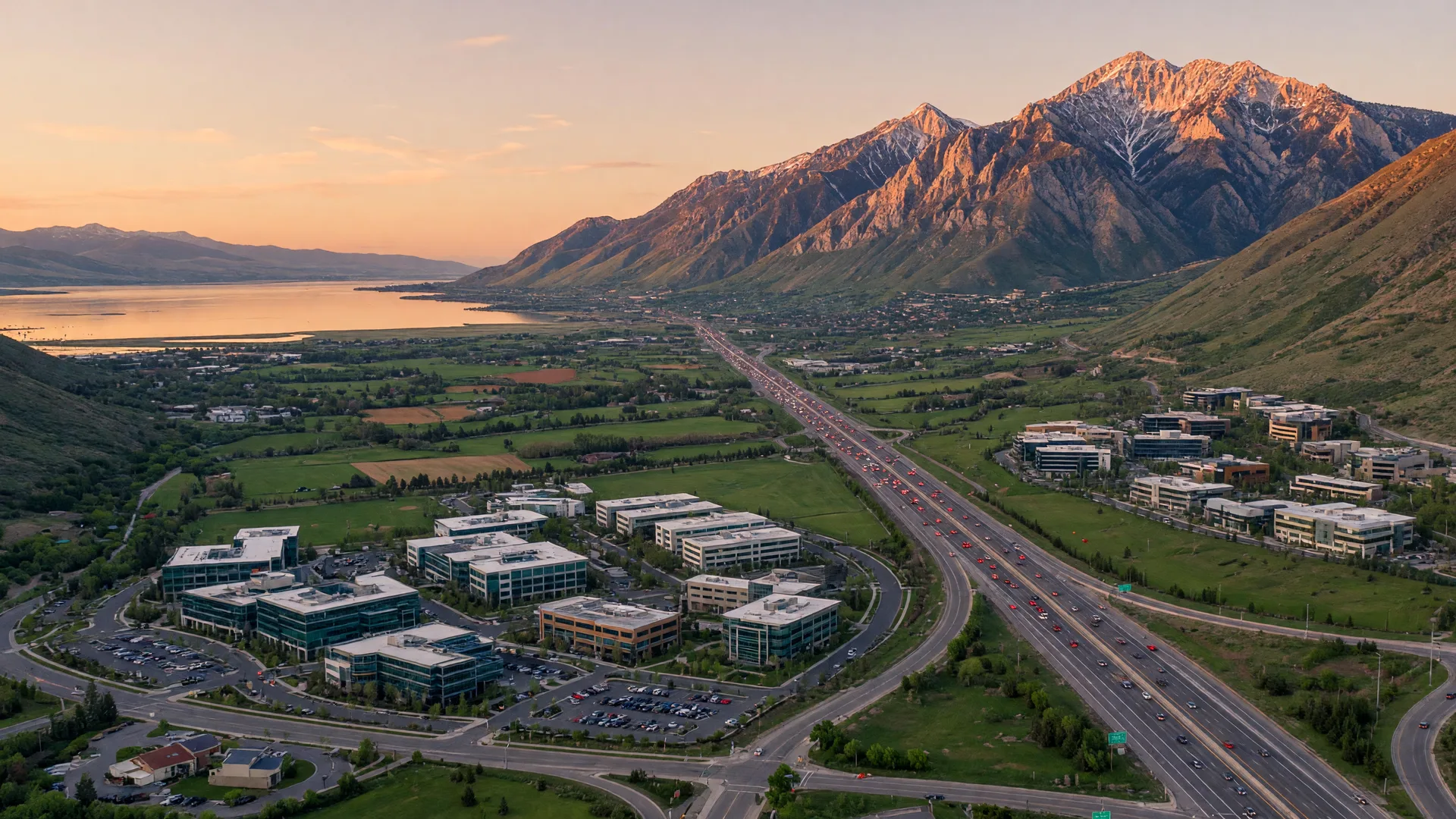 Aerial view of the Silicon Slopes tech corridor between Lehi and Provo at golden hour, office campuses and the I-15 ribbon stretching south with the Wasatch Mountains on the east.