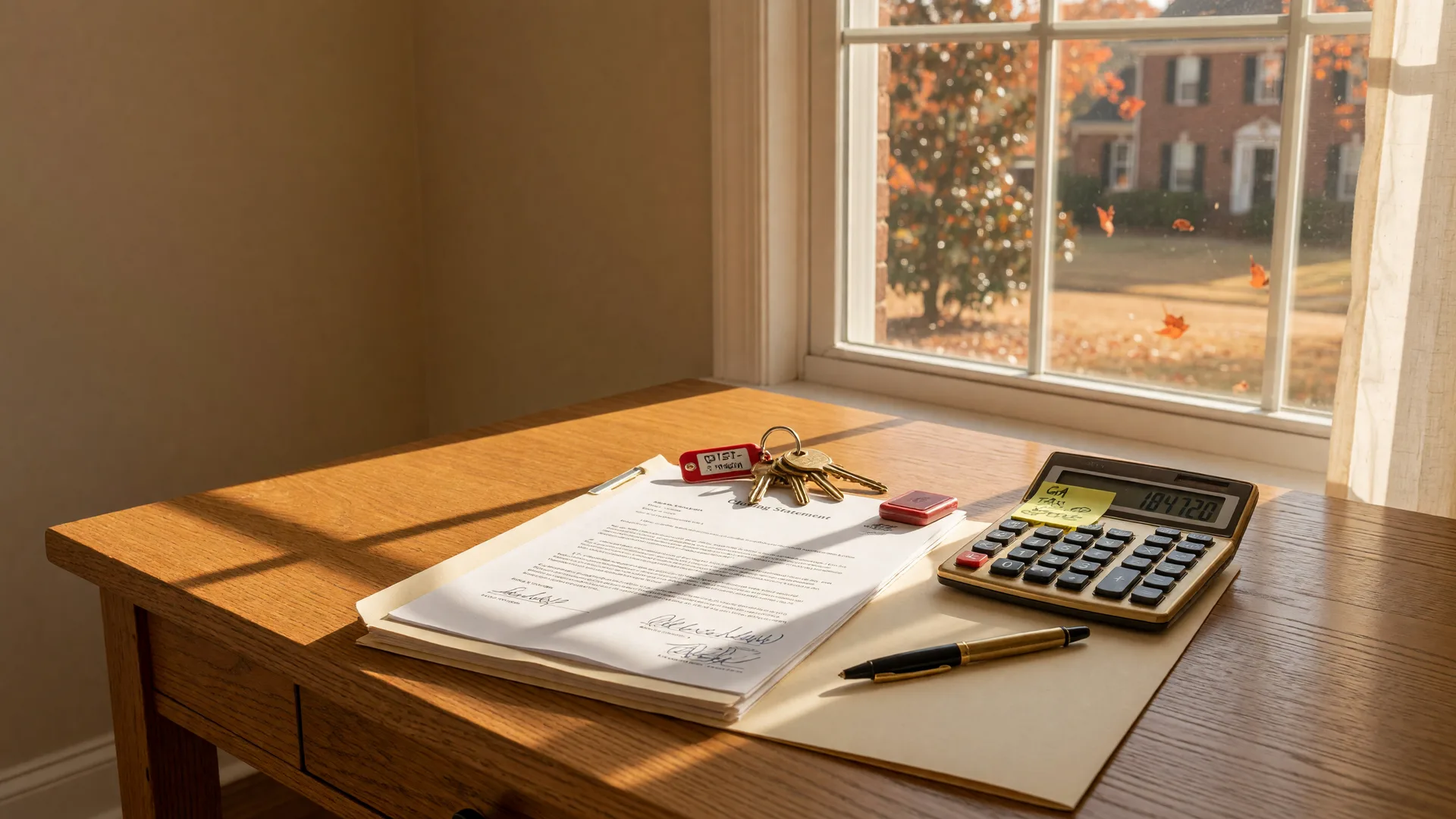 A sunlit oak desk with a signed real estate closing document, a gold calculator, and brass house keys, with a red-brick suburban home blurred through the window, illustrating the tax and paperwork side of selling a home.