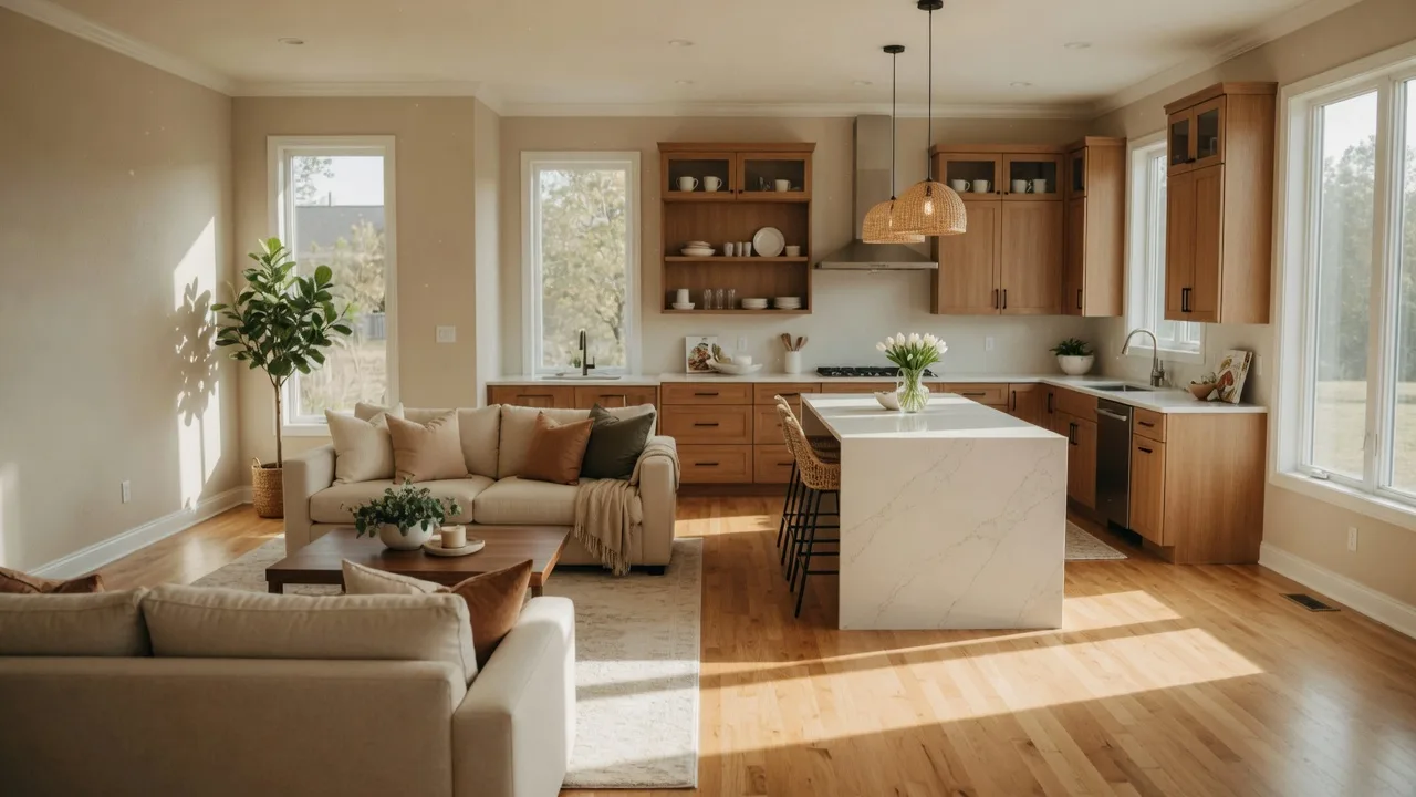 Bright and inviting open-concept living room and kitchen in a finished new-construction home