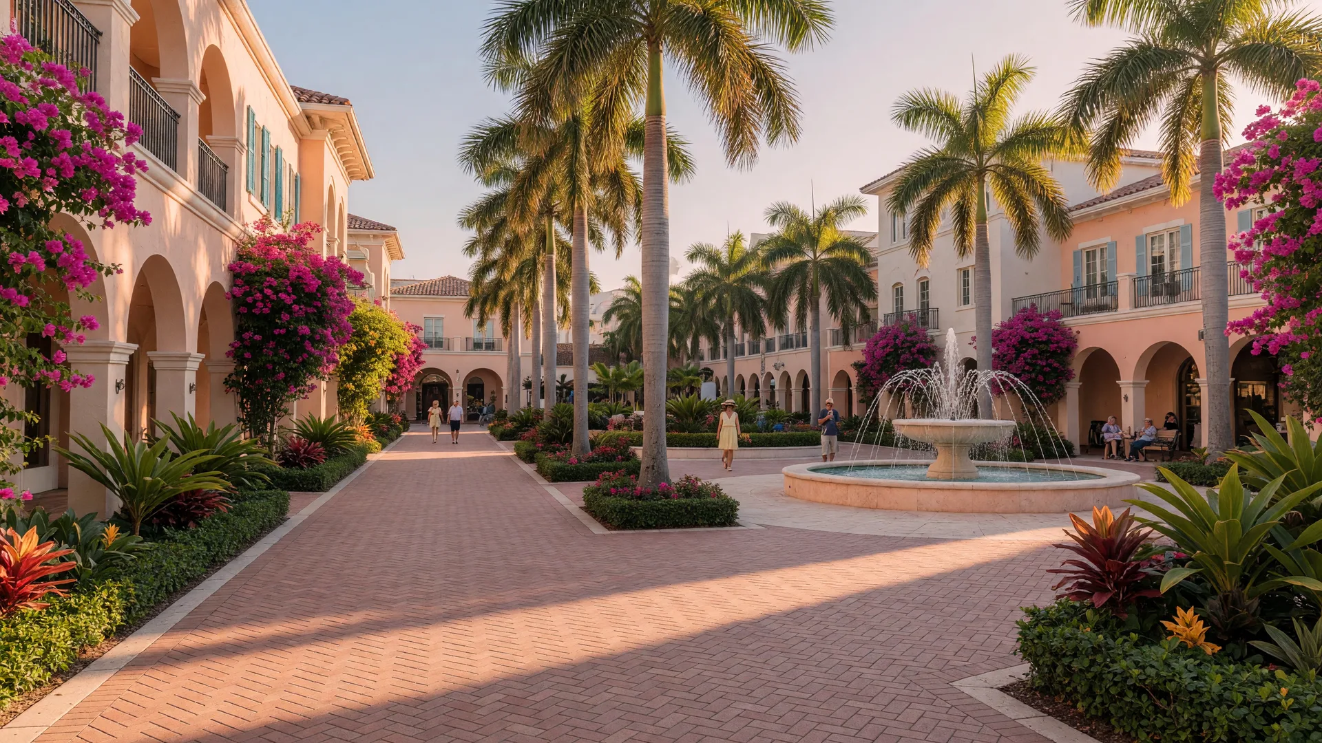 Downtown Boca Raton at golden hour with Mediterranean-style buildings, a fountain plaza, and palm-lined brick walkways.