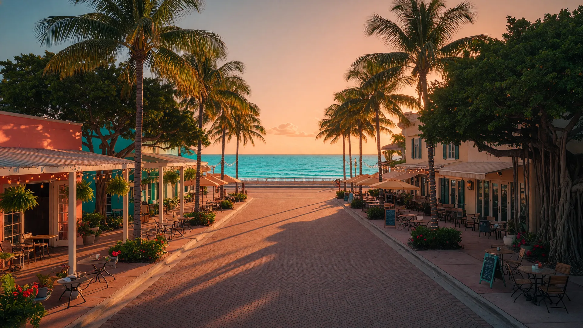 Atlantic Avenue in Delray Beach at golden hour with brick-paved sidewalks, palm trees, and the Atlantic Ocean in the distance