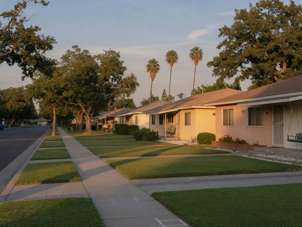 A quiet, tree-shaded residential street in Sunnyside and southeast Fresno