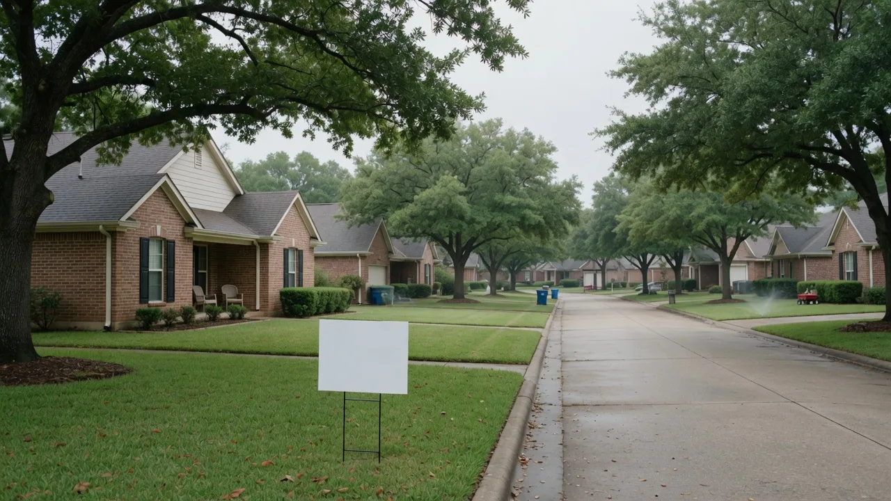 A brick home in a tree-lined Kingwood neighborhood with a real estate sign on the lawn on a quiet morning
