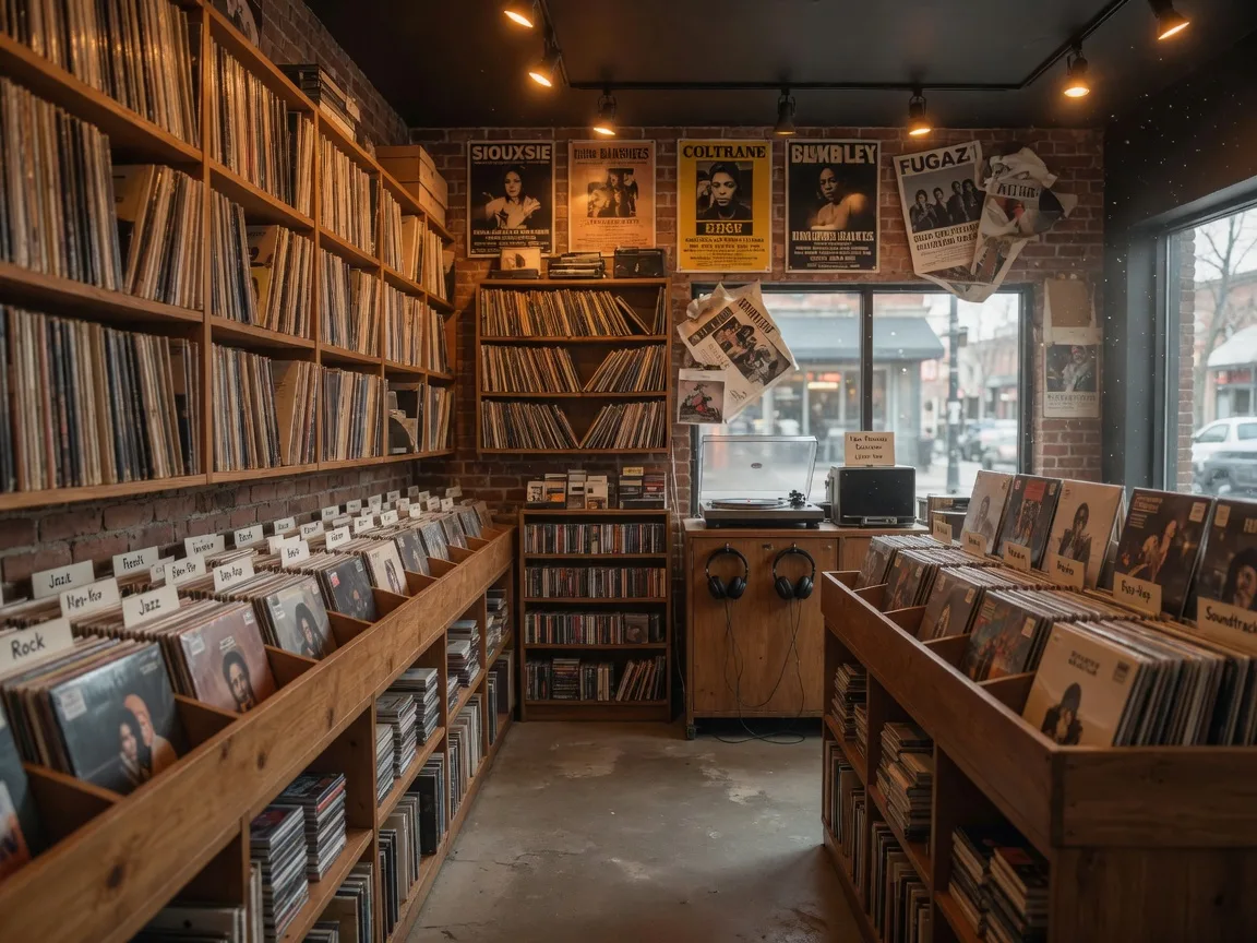 Warm interior of an independent music and movie store in Falls Church, Virginia with tall wooden shelves of vinyl records, CDs, and movies, a headphone listening station, and vintage posters under amber track lighting