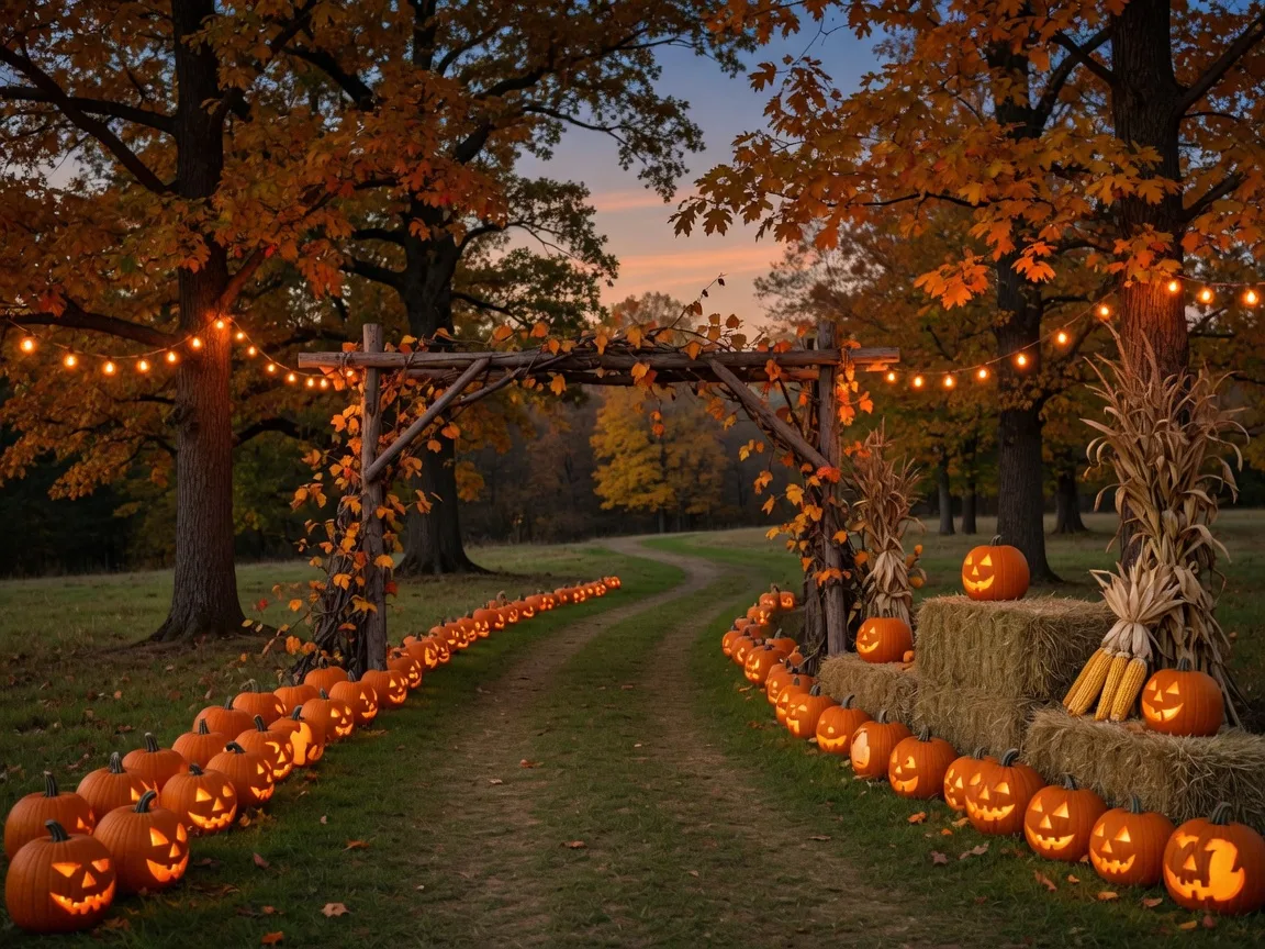 A fall festival path at dusk lined with glowing carved pumpkins and string lights under amber oak trees