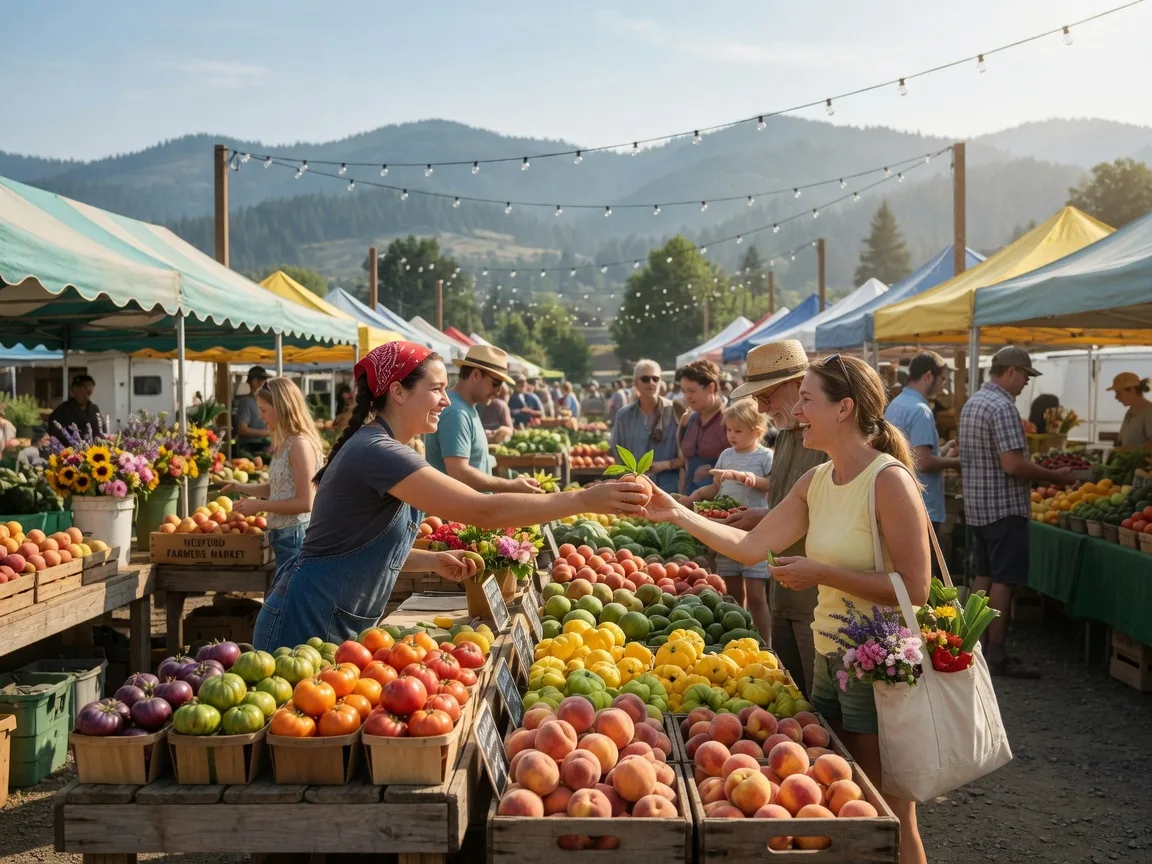 Lively farmers market in Medford, Oregon on a bright summer morning with fresh produce and community atmosphere