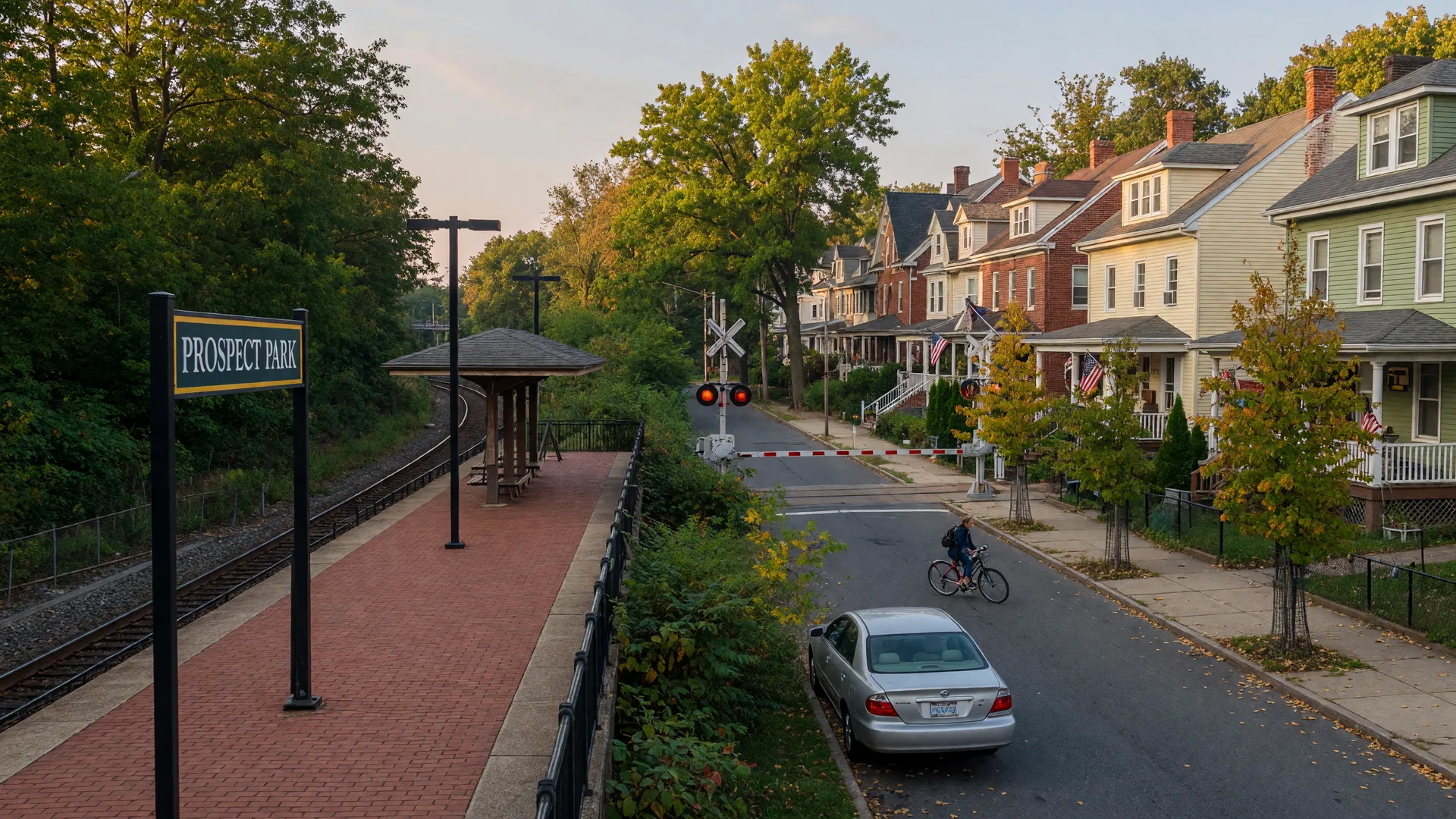 Historic SEPTA Regional Rail station beside a tree-lined Colonial and Victorian residential street in Prospect Park, Pennsylvania on an early September morning
