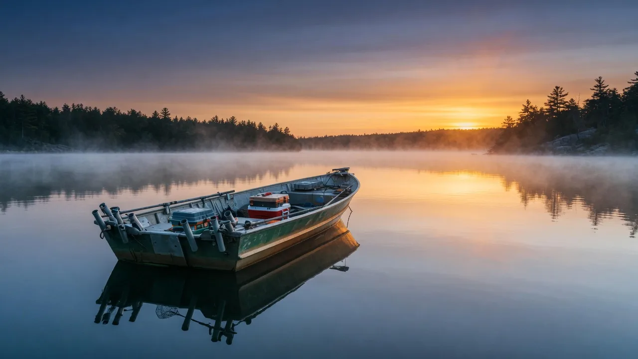 Fishing boat with rod holders on calm Gull Lake at sunrise