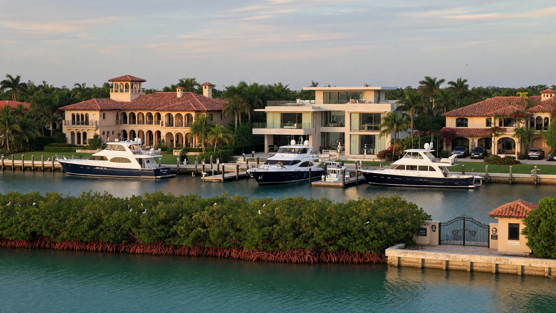 Grand Mediterranean and contemporary estates along the Intracoastal Waterway in The Sanctuary, Boca Raton, with yachts moored at private docks