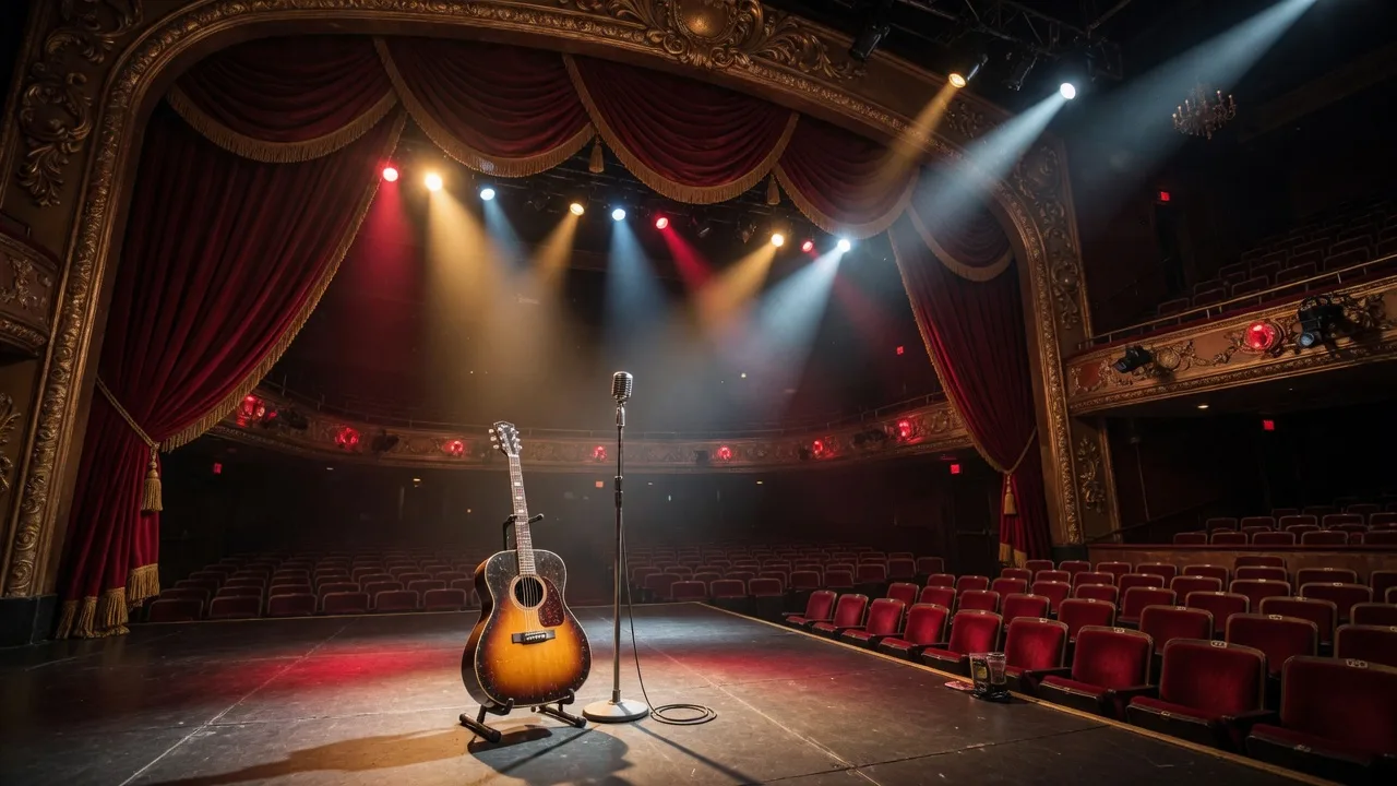 A grand casino resort theater stage set for a country music concert with warm golden and deep red stage lights through haze, an acoustic guitar on a stand and a microphone at center, red velvet curtains and tiered balconies