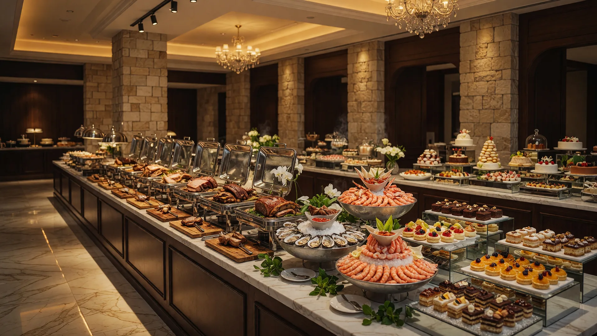 Luxurious buffet line with warm lighting