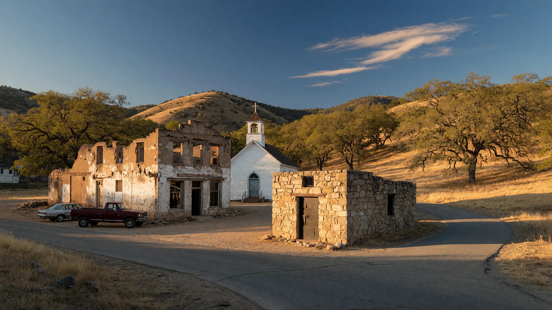 The historic Gold Rush town of Hornitos, California at golden hour, with the weathered stone and adobe ruins of the old Ghirardelli general store and a small white church surrounded by oak-studded foothills