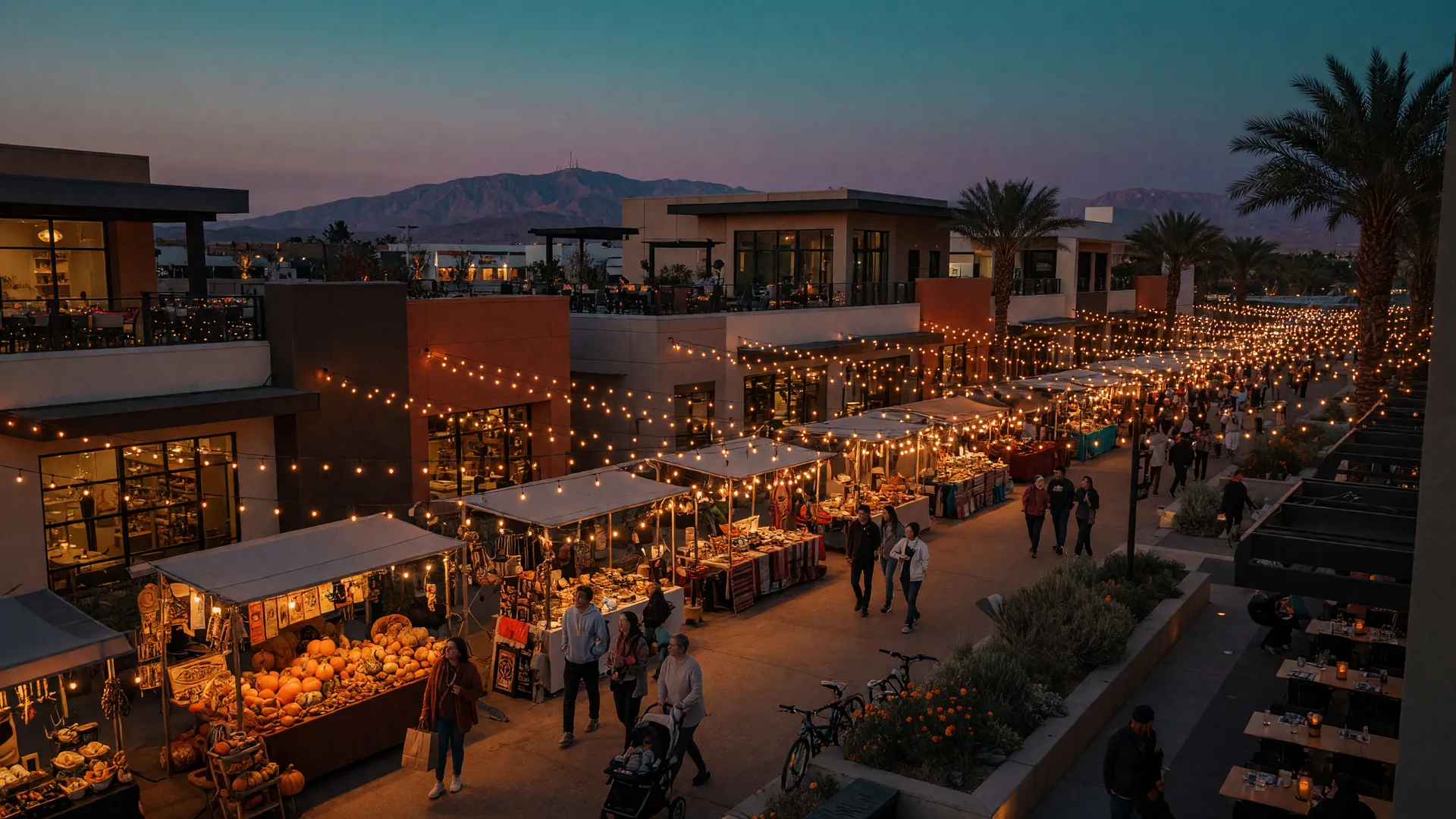 Lively autumn festival at dusk in a modern Southwest Las Vegas dining and shopping district with string lights and market stalls