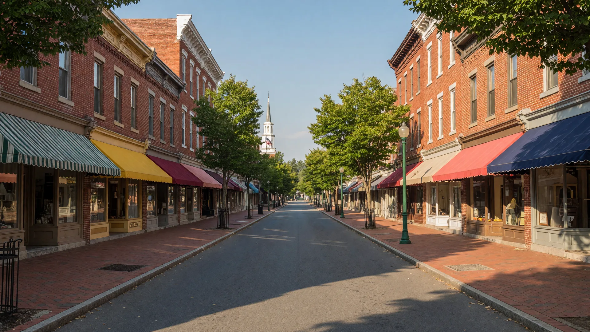 Historic downtown Frederick with brick sidewalks and 19th-century storefronts