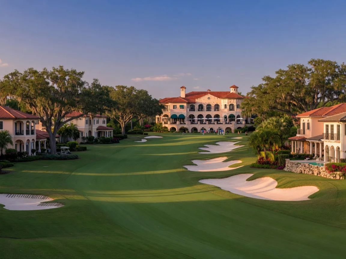 A South Florida country club community with a golf fairway, calm lakes, and Mediterranean-style homes under a bright sky