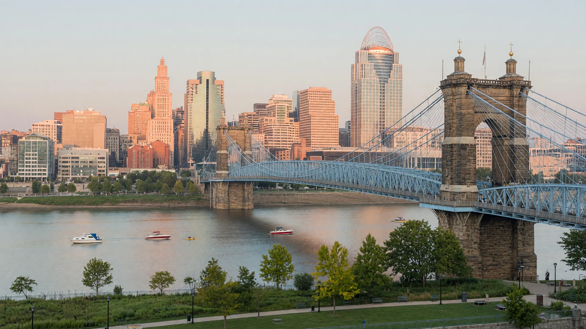 The Ohio River waterfront at Cincinnati with the Roebling Suspension Bridge and the downtown skyline