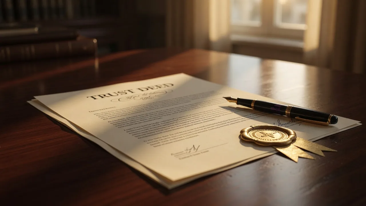 Legal document and fountain pen on a dark wood desk, representing estate planning and trust documents