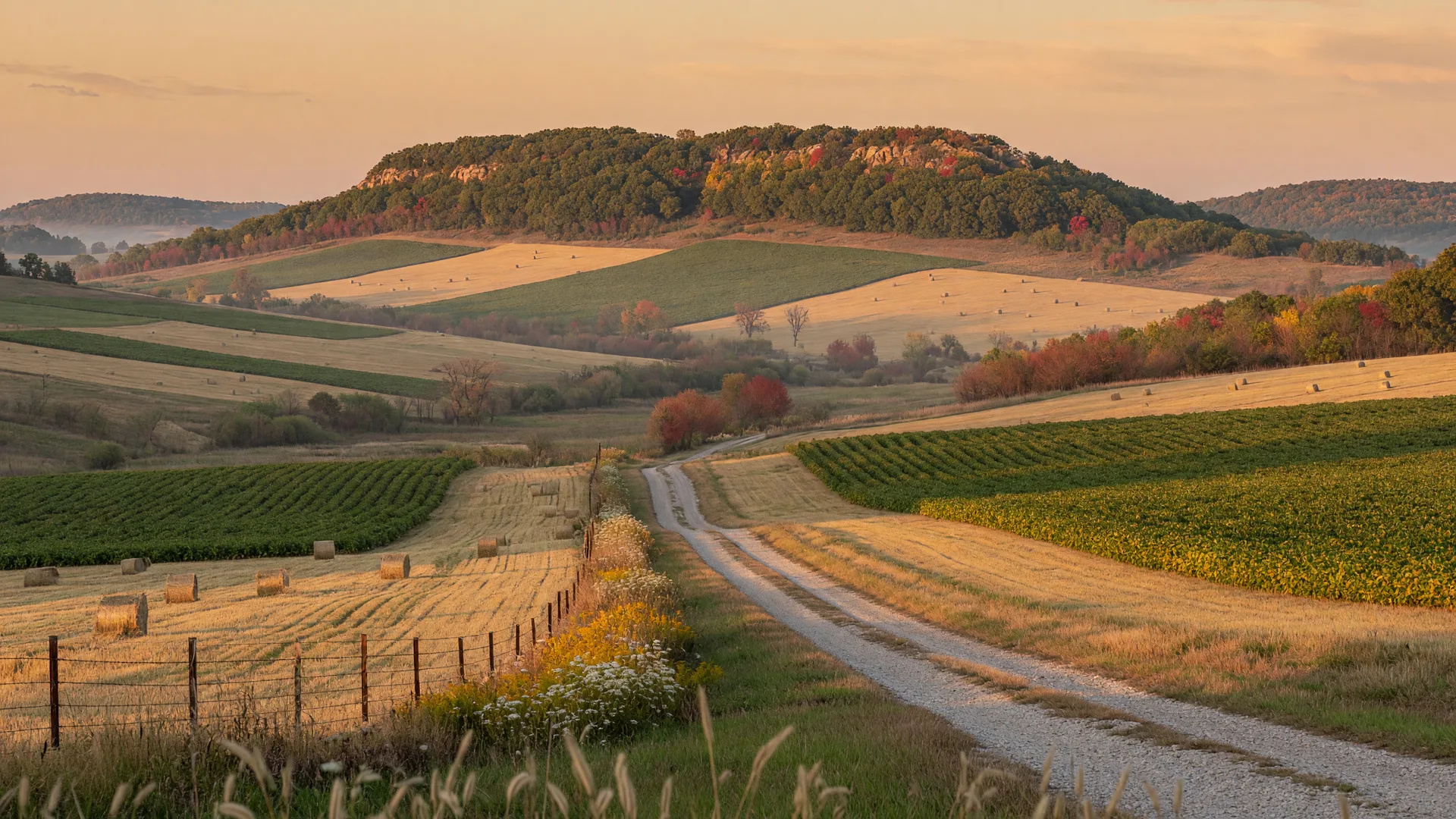 Golden-hour view of the Driftless Area of Western Wisconsin, hay fields and a wooded ridge