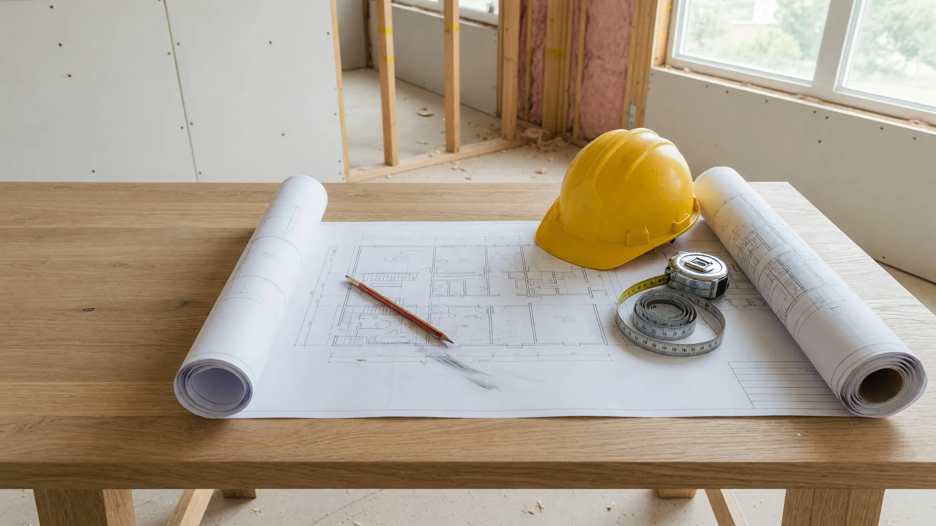 Construction planning blueprints with a pencil and yellow hard hat on a work table in a bright new home