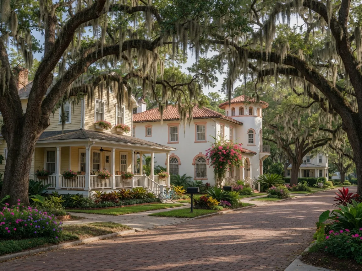 A tree-lined brick street in Winter Park with moss-draped oaks and deep-porch homes