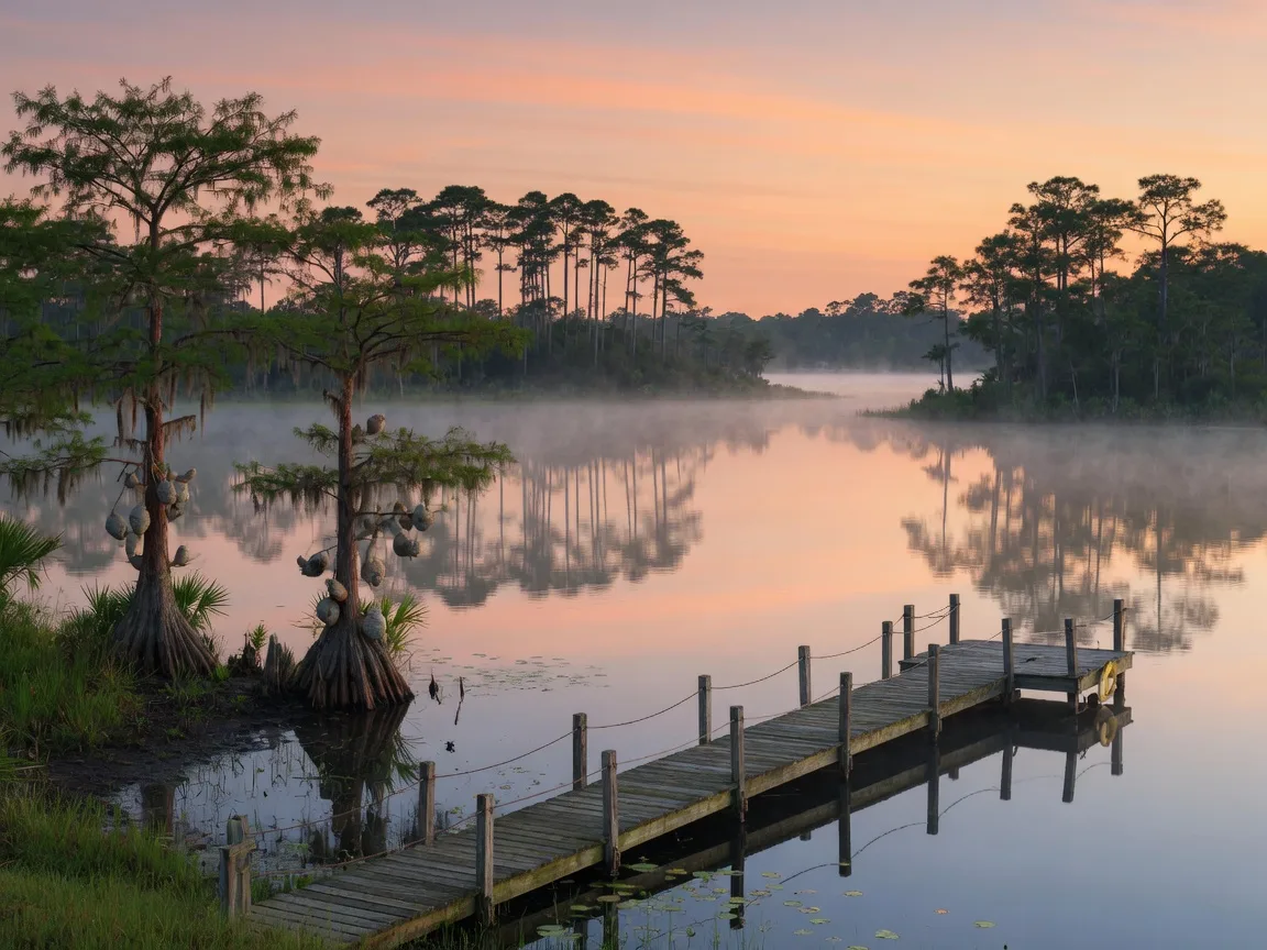 A calm natural lake in Polk County, Florida at sunrise