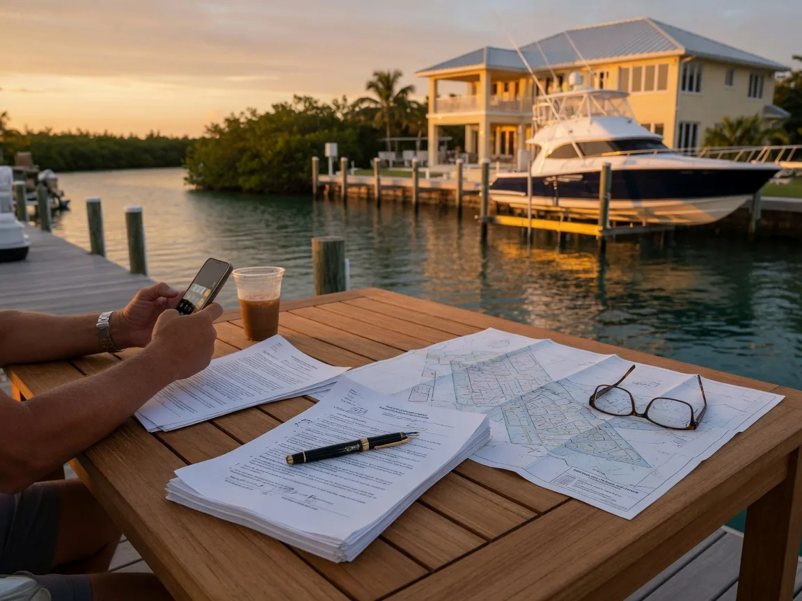 A fountain pen resting on a completed real estate purchase contract and a folded survey map on a teak dock table at golden hour, a deep-water canal with a luxury elevated waterfront home, private dock, and boat lift with a sportfishing yacht glowing behind in amber light