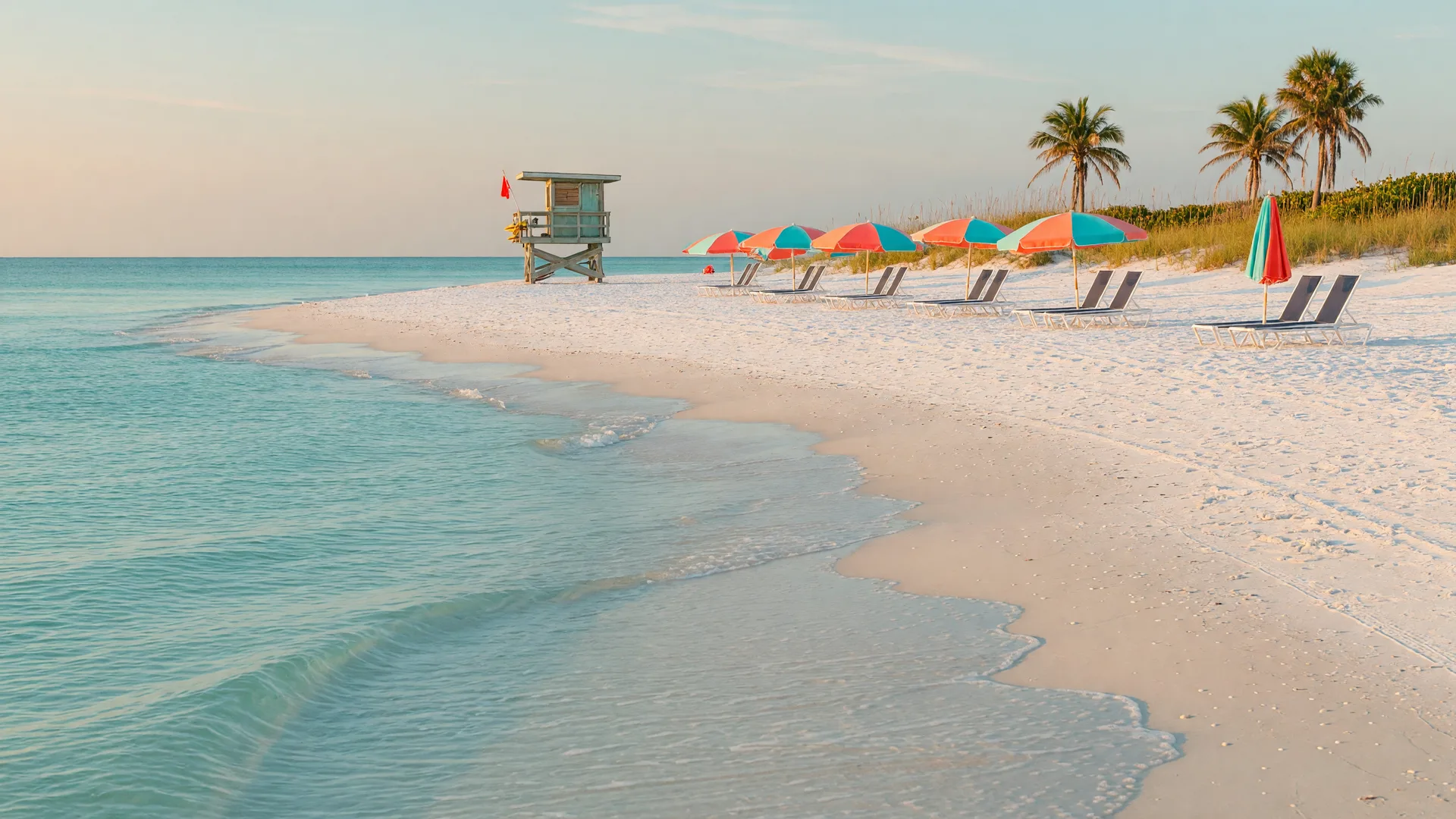 White quartz sand and turquoise surf at Siesta Beach, Sarasota