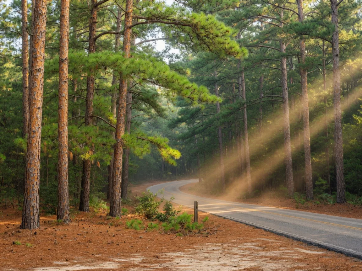 Tall loblolly pines with orange-brown bark and feathery green crowns rising from sandy, pine-needle-covered ground at Bastrop State Park, with morning light filtering through the canopy and a winding two-lane park road curving through the trees