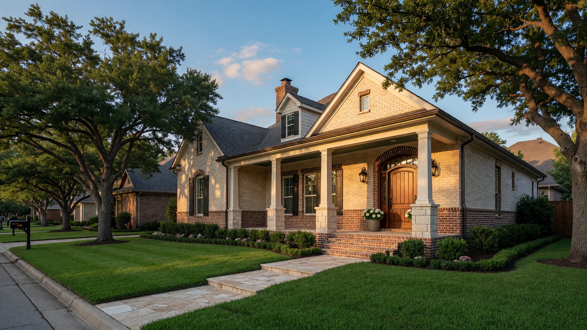 A brick-and-limestone Texas home at golden hour, the kind of home a List with a Twist seller offers to the market