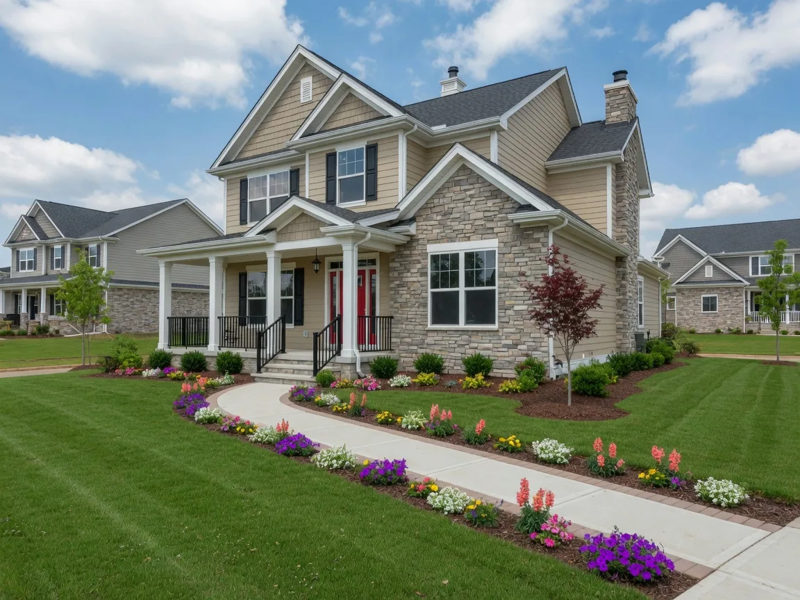 Beautiful new-construction home in Olathe with stone and siding exterior and welcoming front porch