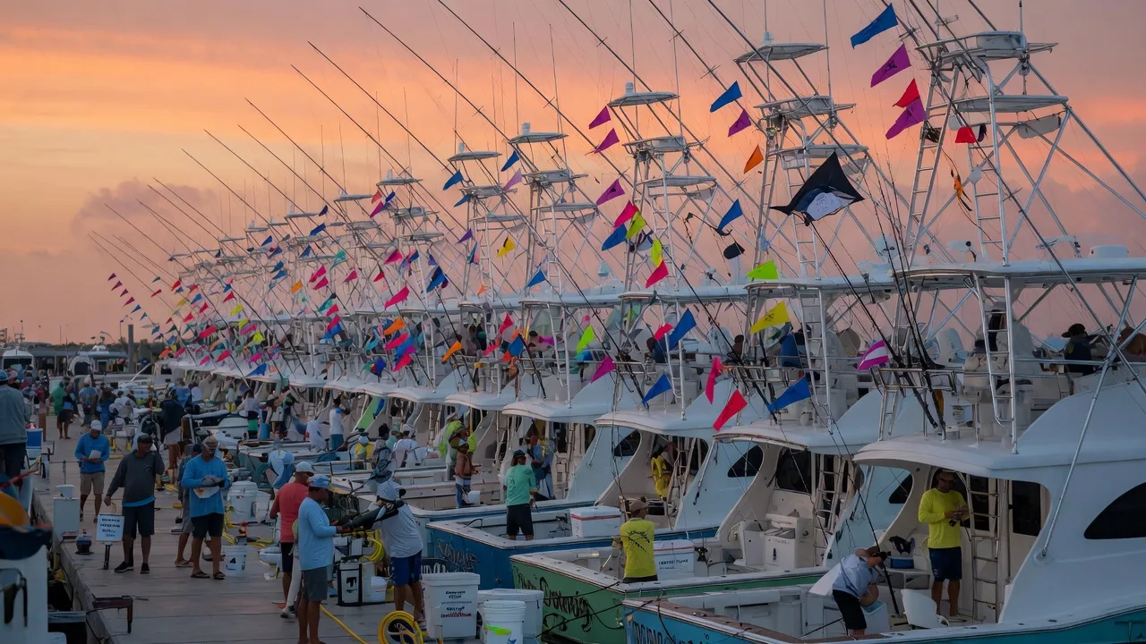 Sportfishing tournament fleet at dawn in Islamorada with pennants flying and morning light over the marina