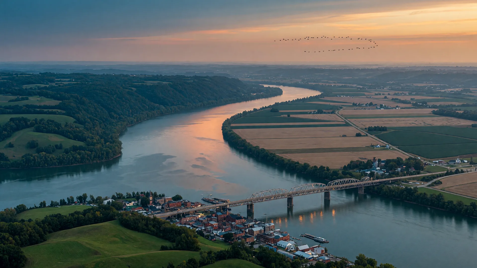 The Ohio River curving between green Kentucky hills and Indiana farmland at dusk