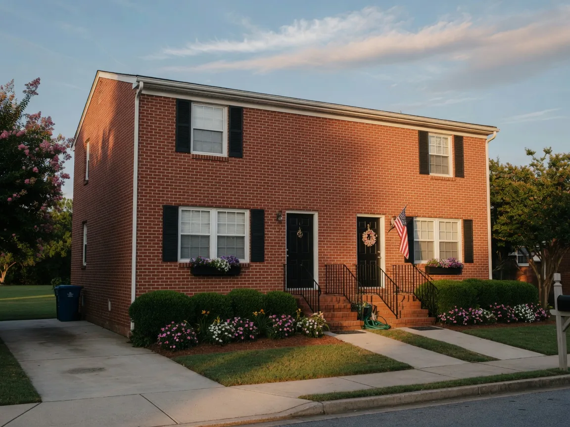 A brick duplex multi-family building in suburban Georgia with two front doors and tidy landscaping