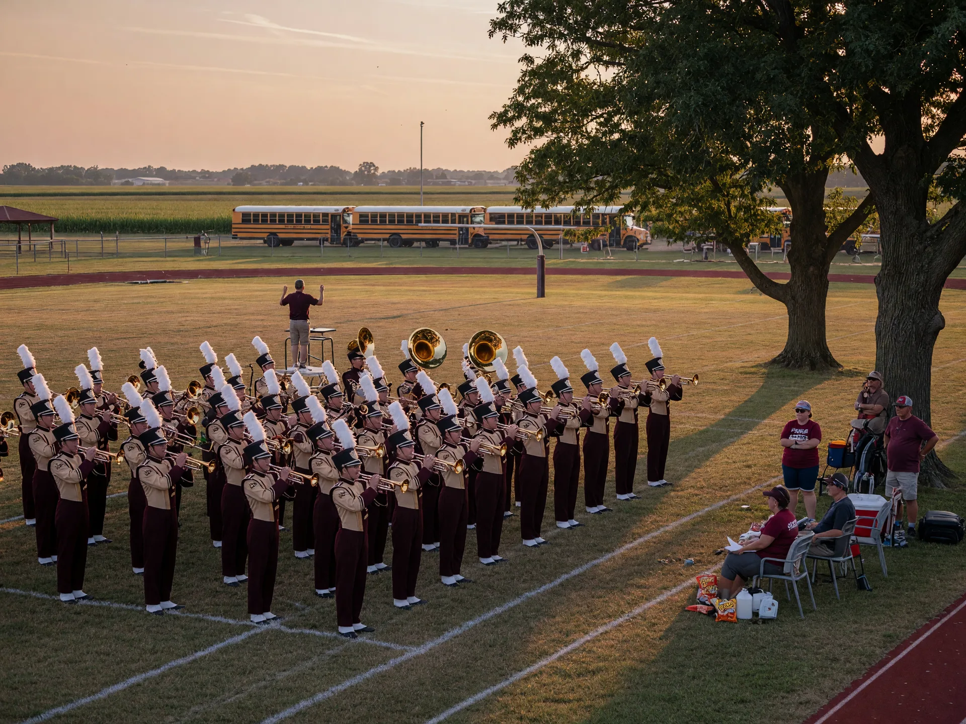 A high school marching band practicing on a football field in rural Ohio in late summer with brass instruments catching the late afternoon sun and parent volunteers watching from the sidelines under oak trees