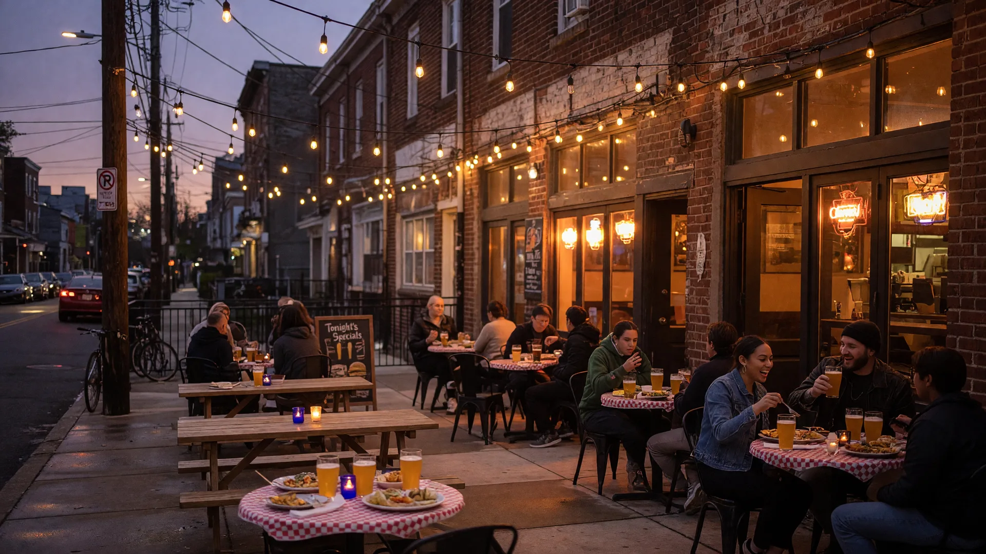 2nd Street dining corridor in Northern Liberties, Philadelphia with outdoor seating and string lights
