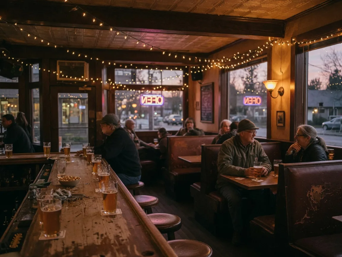 A neighborhood pub in North Portland with wooden booths, string lights, and pints on the bar