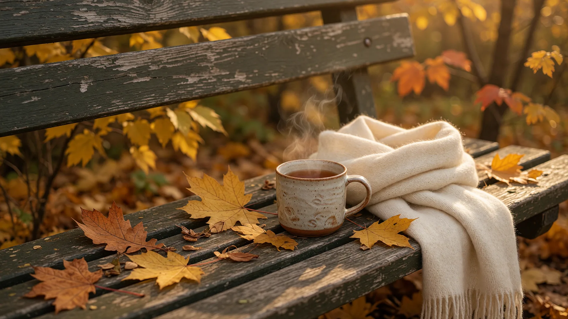Golden autumn leaves on a bench beside a wool scarf and a mug of tea