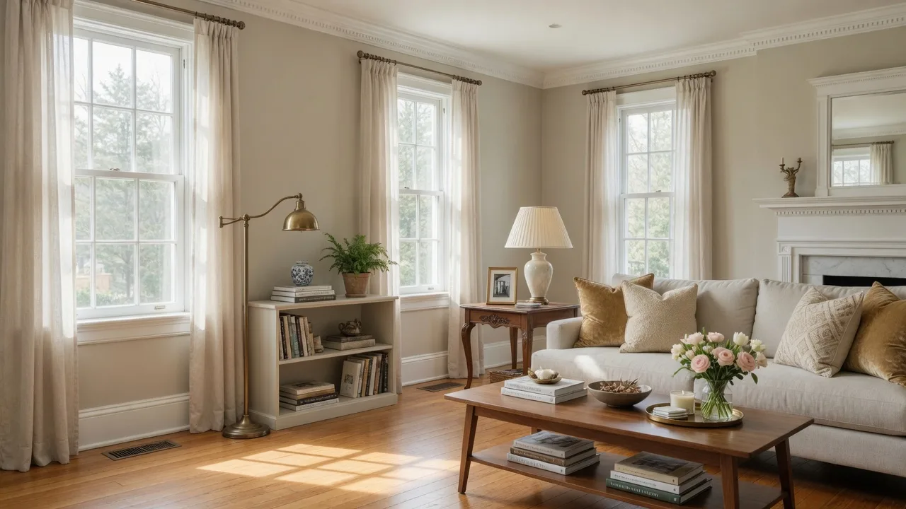 Brightly staged Cherry Hill living room with neutral walls, a linen sofa, and warm natural light