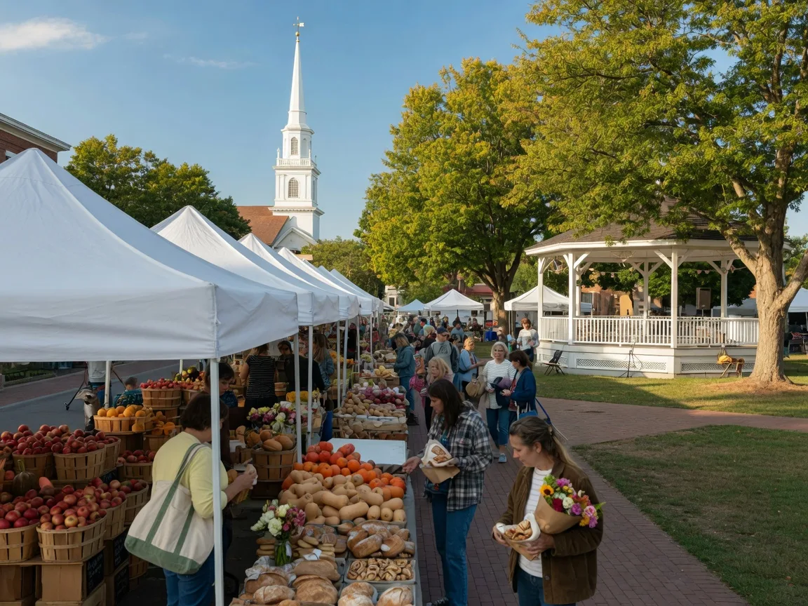 White vendor tents with crates of apples, pumpkins, and flowers on a historic village green with a band stage