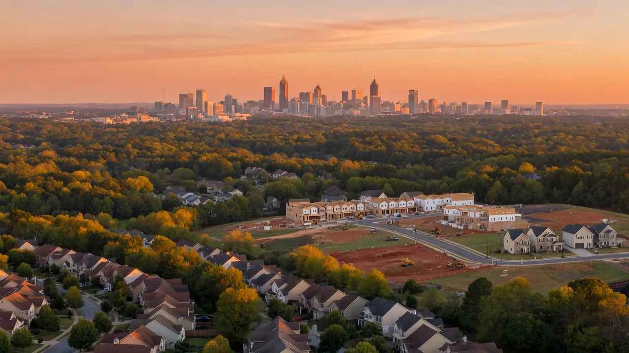 Golden hour aerial view of NW Metro Atlanta suburban neighborhoods with the Atlanta skyline in the distance