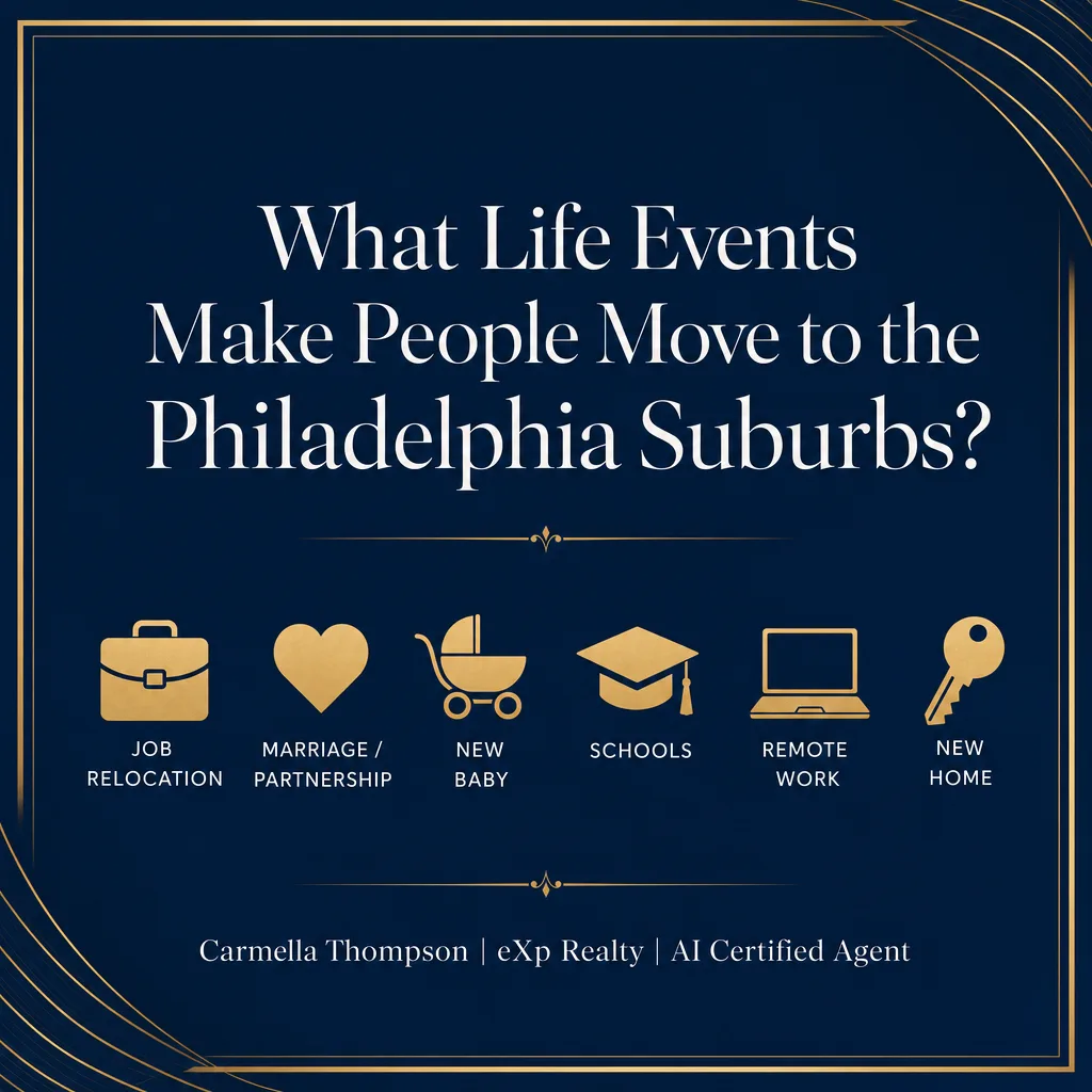 Clean modern real estate marketing graphic with dark navy background, gold icons, and white text about life triggers for relocation to the Philadelphia suburbs