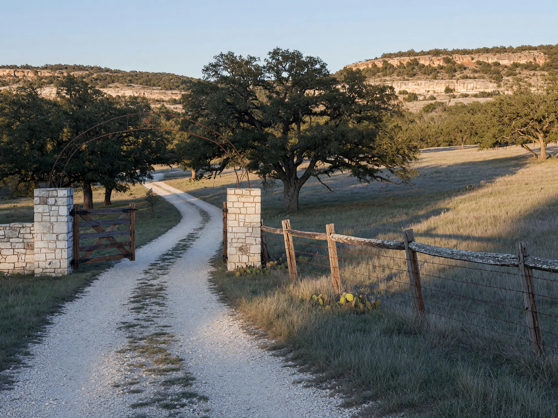An open limestone ranch gate along a gravel road in the Texas Hill Country with live oaks, native grassland, and a cedar fence line under warm afternoon light, representing a 1031 exchange replacement property