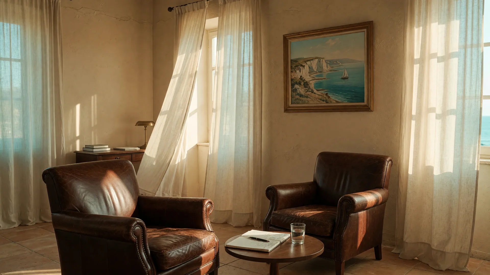 Two leather armchairs facing each other in a sun-drenched coastal office with a notepad on the table, warm golden light streaming through linen curtains, evoking a thoughtful and honest real estate consultation conversation